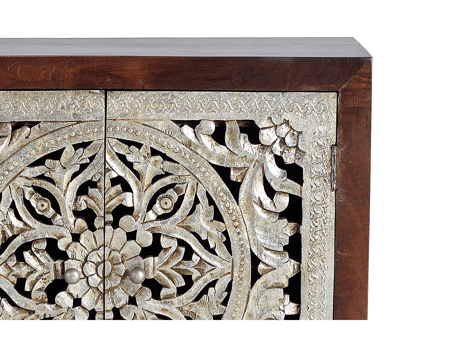 Buffet 2 portes en bois de manguier sculptée et  feuille d'argent
