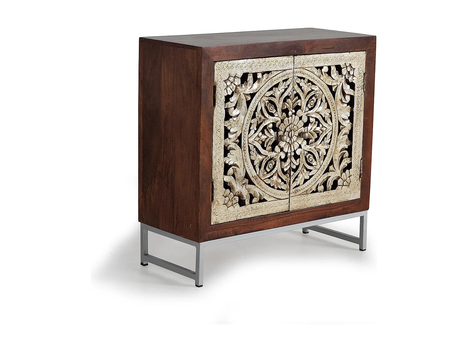 Buffet 2 portes en bois de manguier sculptée et  feuille d'argent