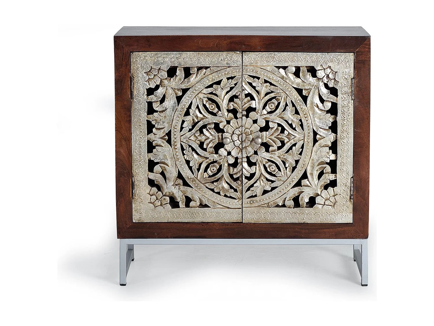 Buffet 2 portes en bois de manguier sculptée et  feuille d'argent