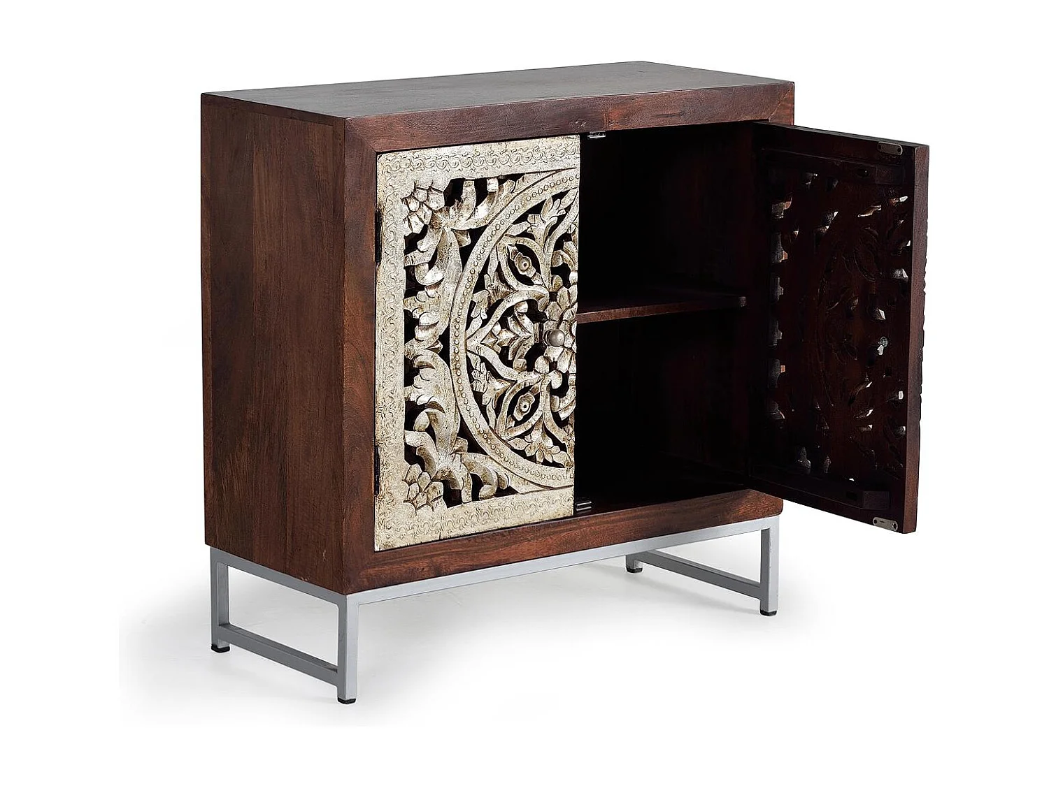 Buffet 2 portes en bois de manguier sculptée et  feuille d'argent