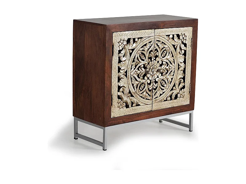 Buffet 2 portes en bois de manguier sculptée et  feuille d'argent