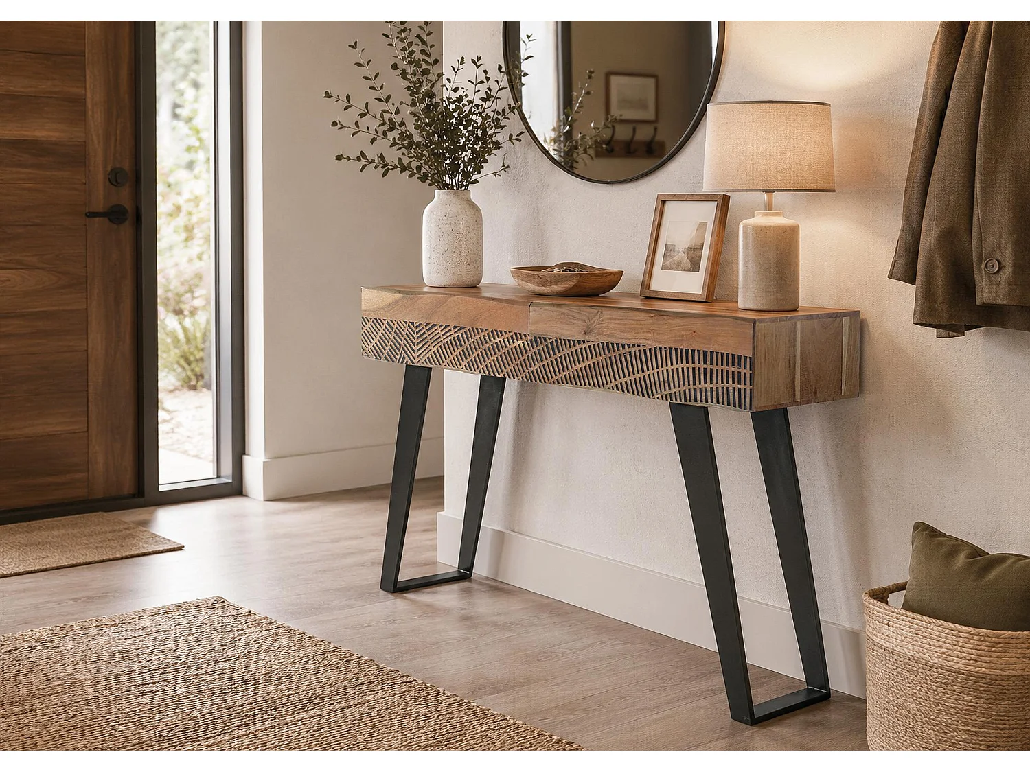 Console en bois d'acacia 110 cm, style rustique moderne - 77 x 110 x 40 cm