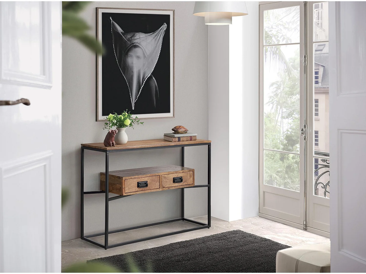 Console en bois de manguier 110 cm, style industriel - 78 x 110 x 35
