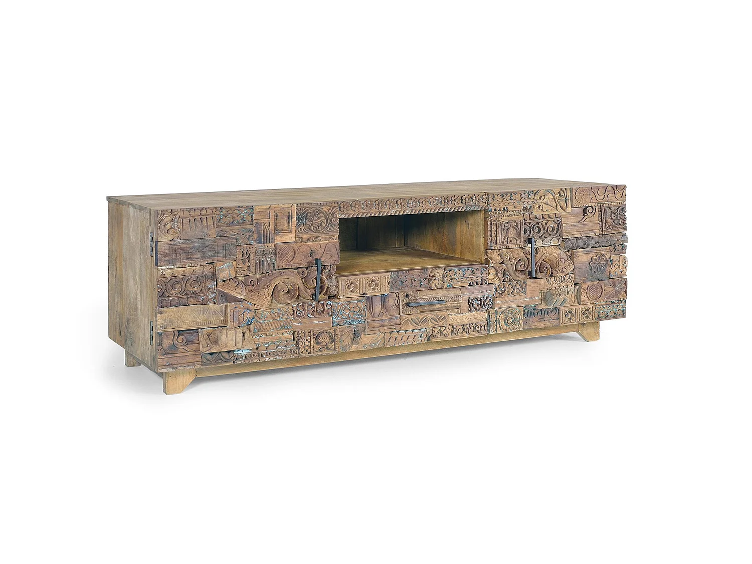 Meuble TV en bois de manguier 180 cm, style bohème ethnique sculpté - 60 x 180 x 50