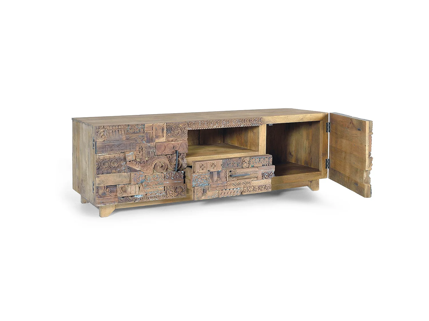 Meuble TV en bois de manguier 180 cm, style bohème ethnique sculpté - 60 x 180 x 50