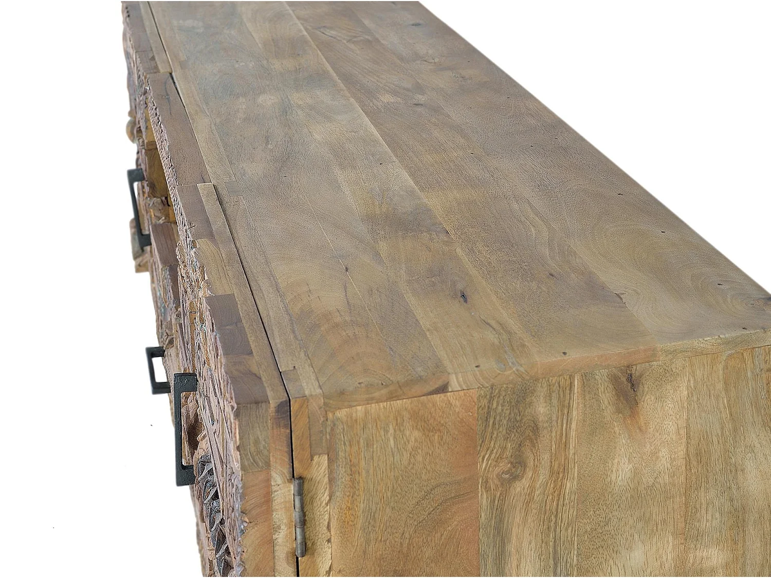 Meuble TV en bois de manguier 180 cm, style bohème ethnique sculpté - 60 x 180 x 50