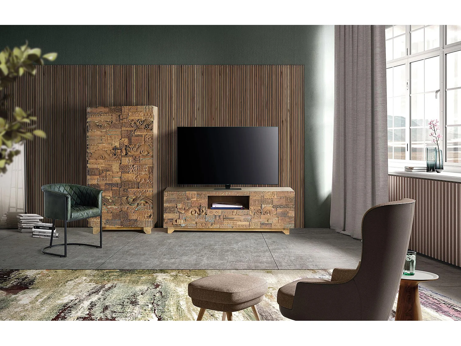 Meuble TV en bois de manguier 180 cm, style bohème ethnique sculpté - 60 x 180 x 50