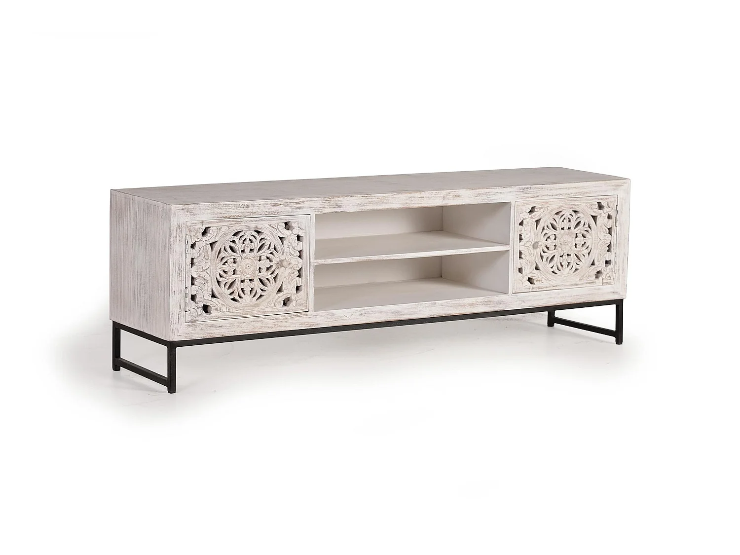 Meuble TV en bois de manguier 170 cm, style ethnique bohème sculpté - 55 x 170 x 40 cm