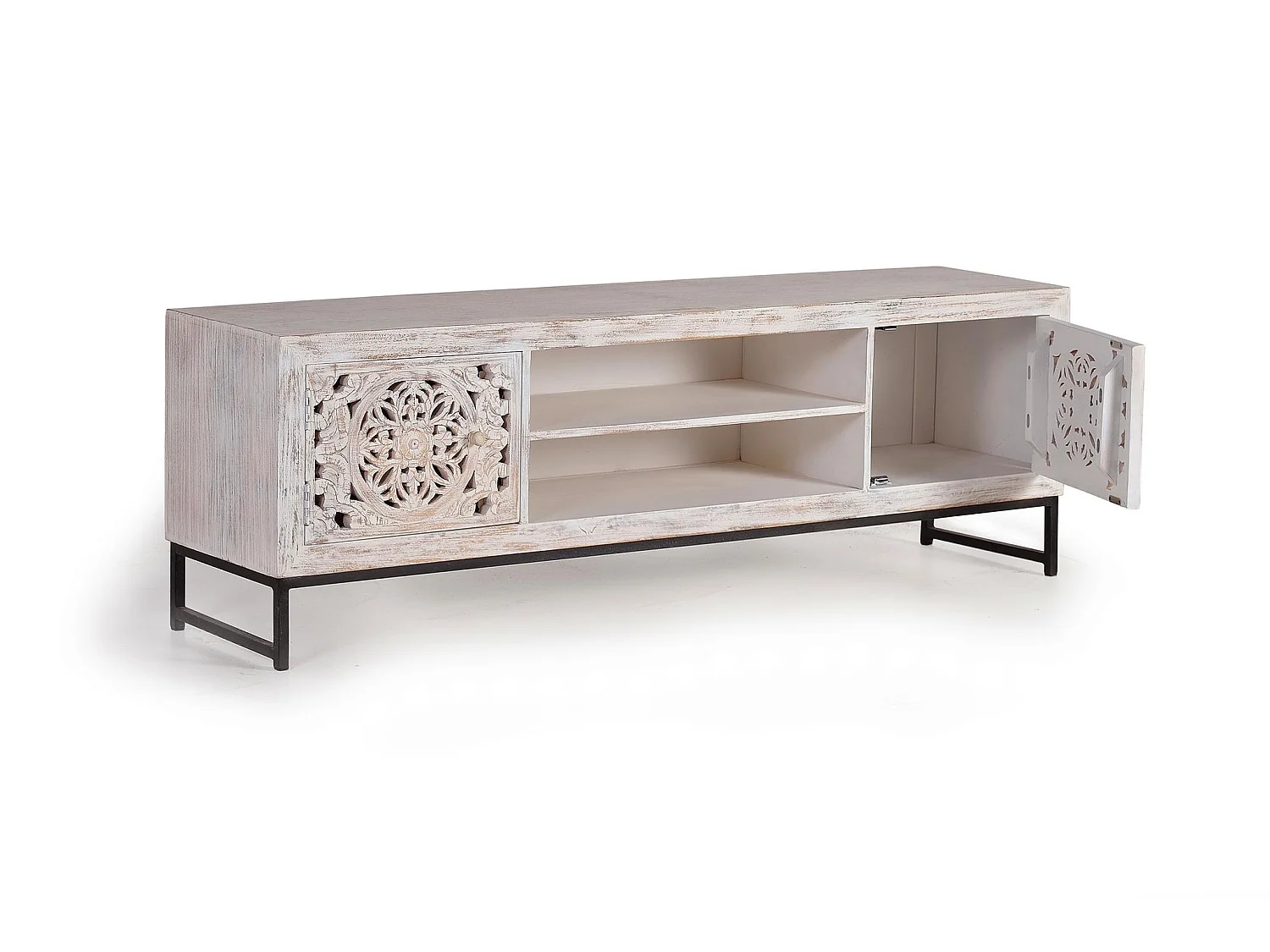 Meuble TV en bois de manguier 170 cm, style ethnique bohème sculpté - 55 x 170 x 40 cm