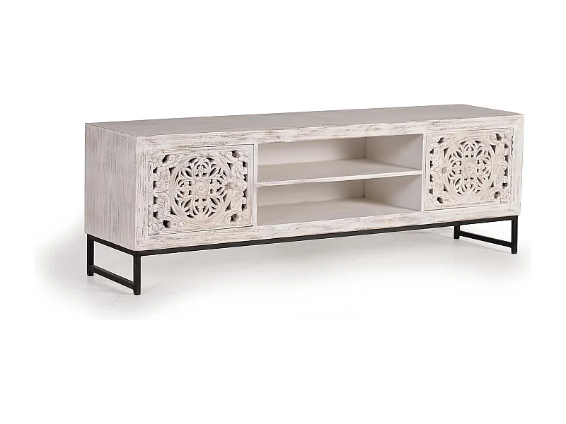 Mueble tv en madera de mango tallada y metal