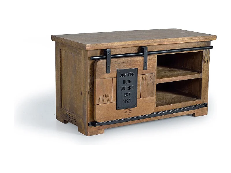 Szafka RTV z drewna akacjowego i detalami z naturalnego metalu