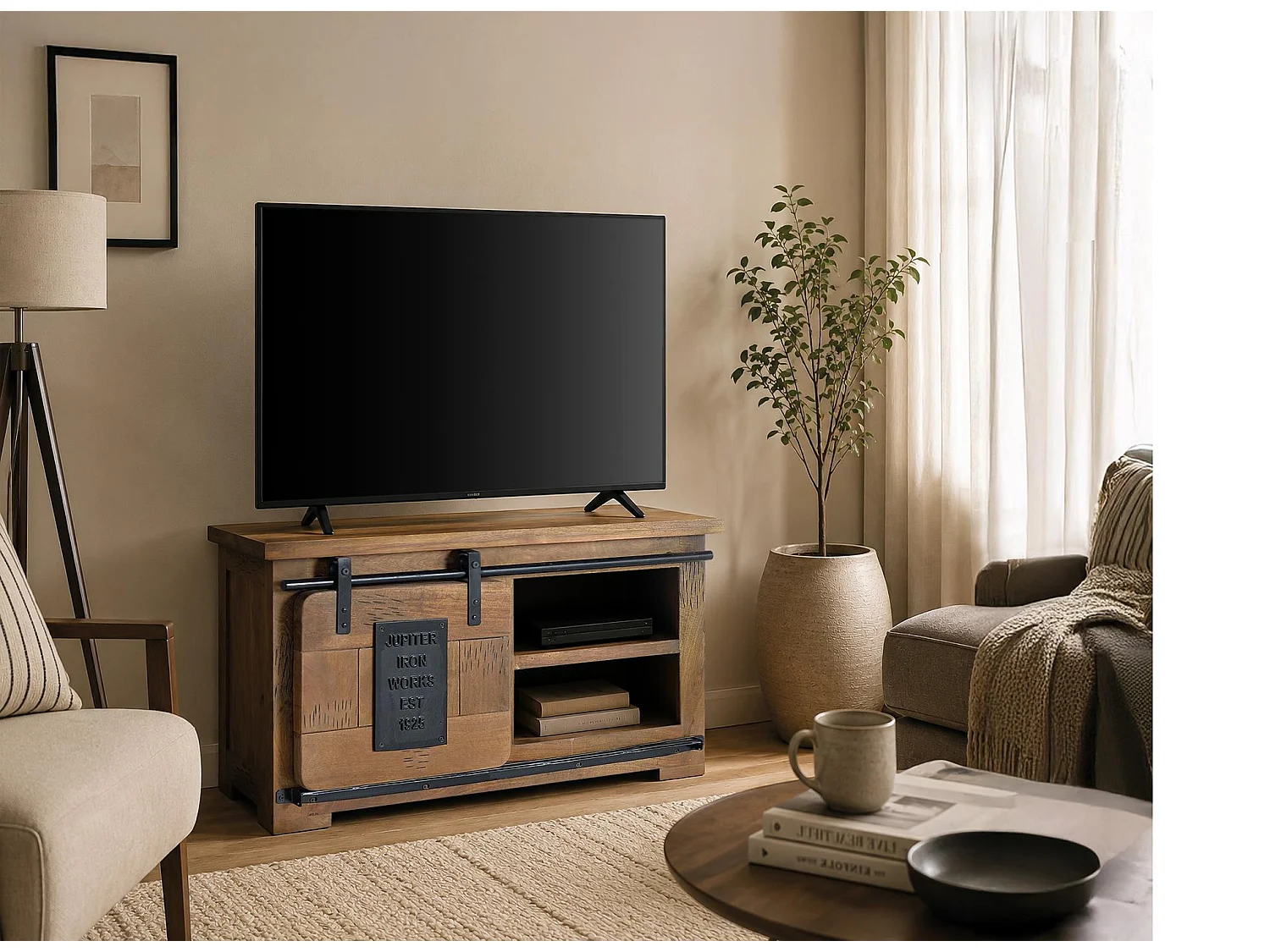 Meuble TV en bois de manguier 90 cm, style industriel - 50 x 90 x 40 cm