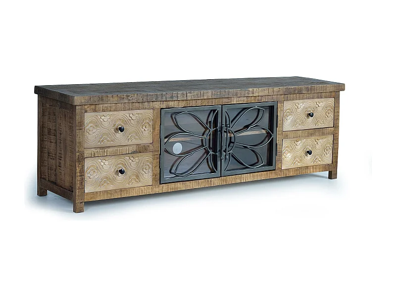 TV-Schrank aus gealtertem braunem Mangoholz und Metall