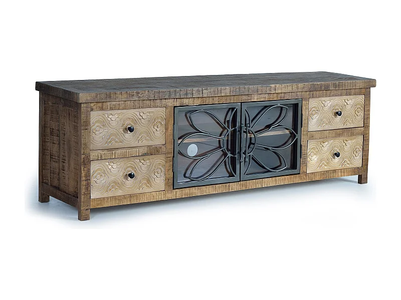 TV-Schrank aus gealtertem braunem Mangoholz und Metall