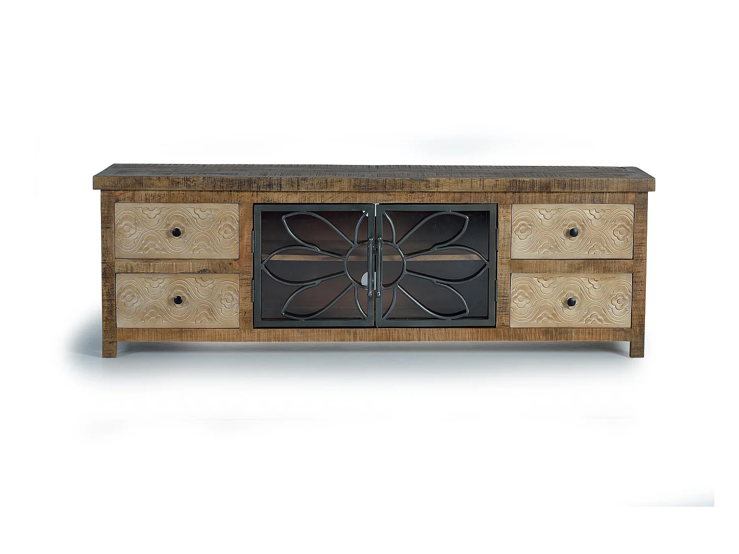 TV-Schrank aus gealtertem braunem Mangoholz und Metall