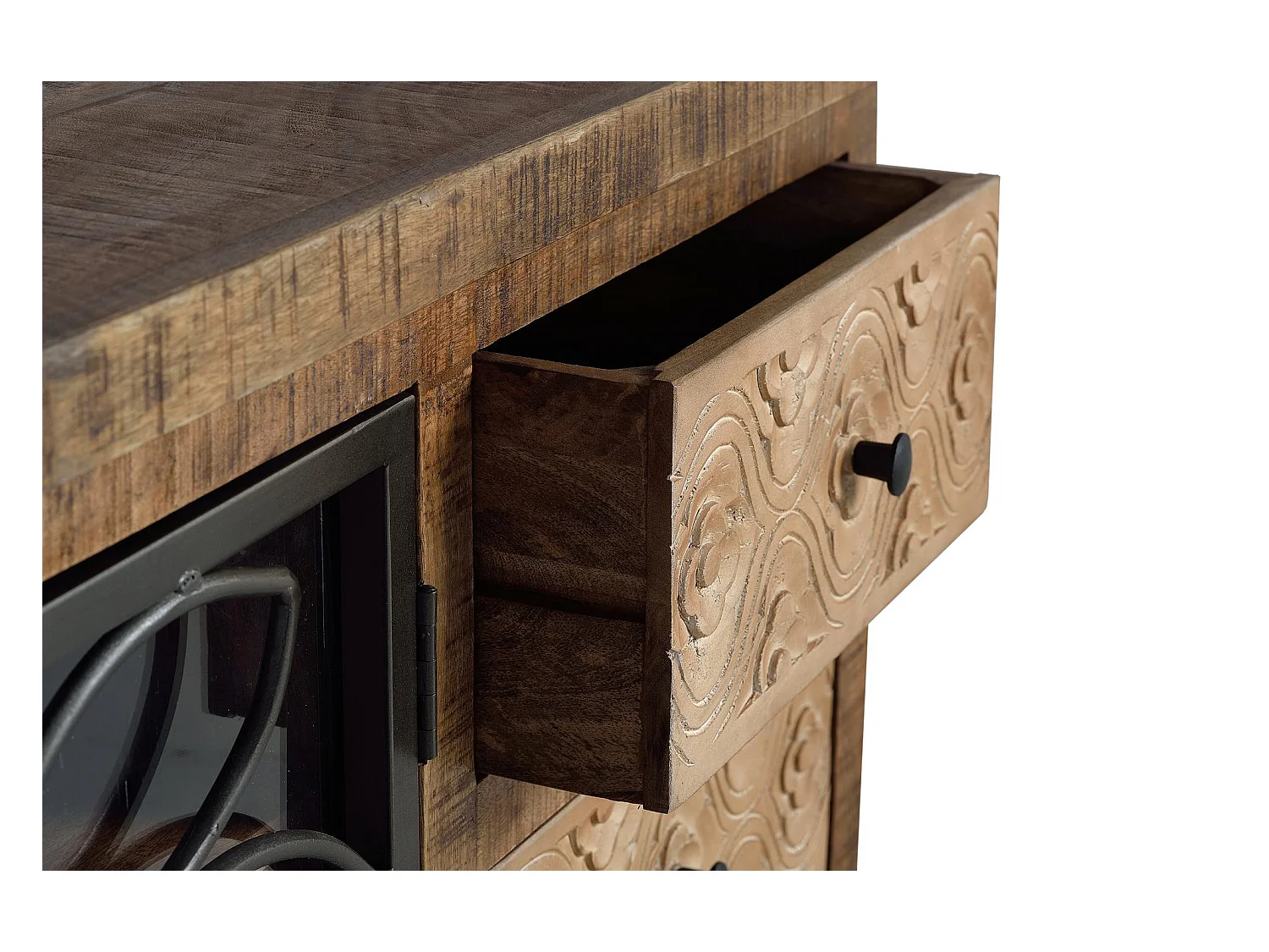 TV-Schrank aus gealtertem braunem Mangoholz und Metall