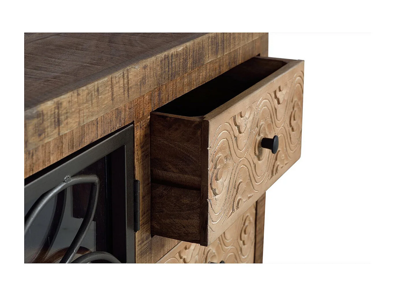 Meuble TV en bois manguier marron vieilli et métal