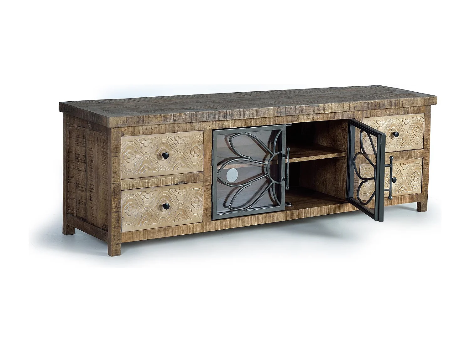 Meuble TV en bois manguier marron vieilli et métal