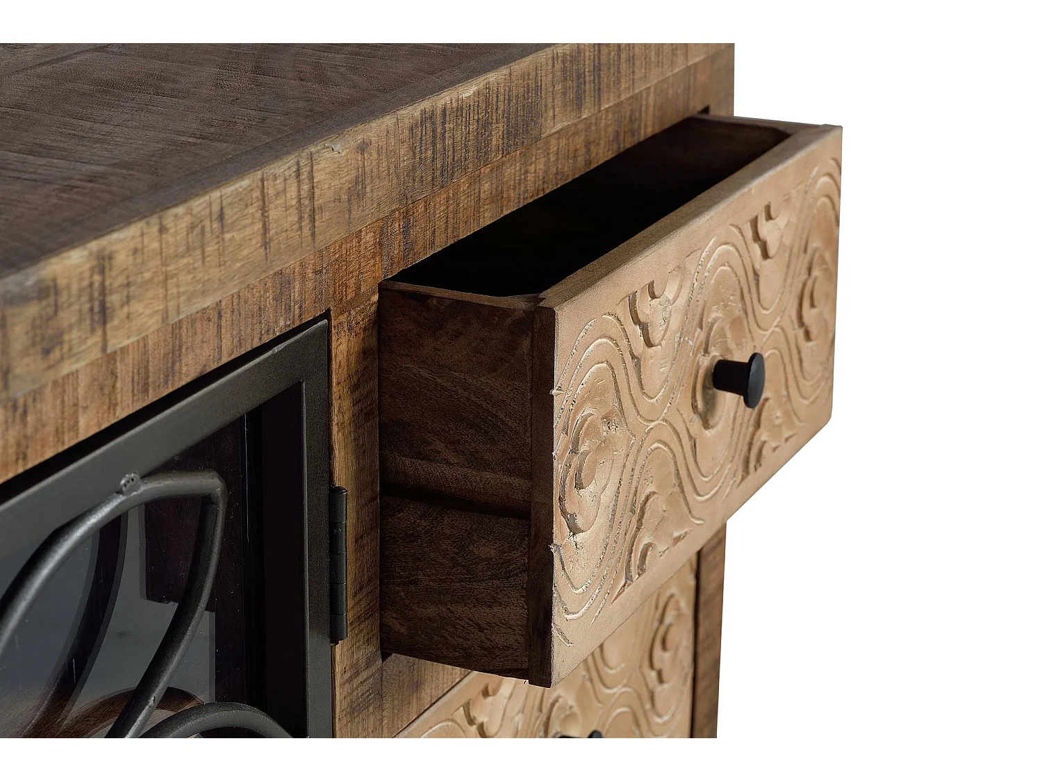 Meuble TV en bois manguier marron vieilli et métal