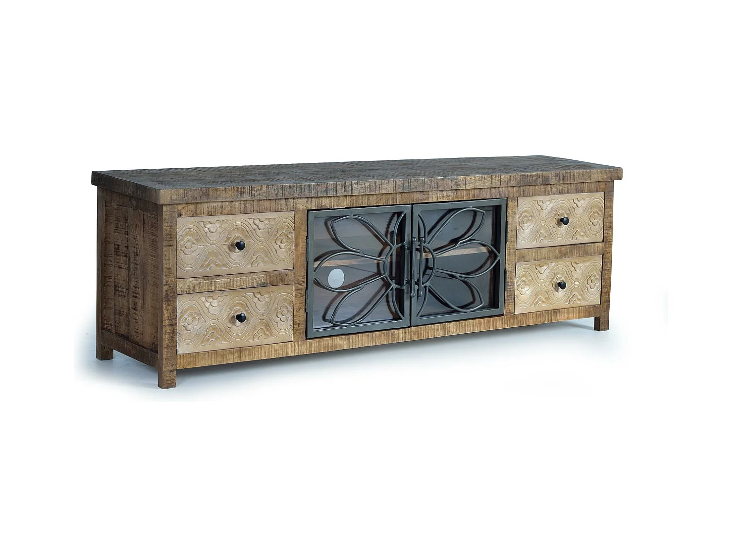 Meuble TV en bois manguier marron vieilli et métal