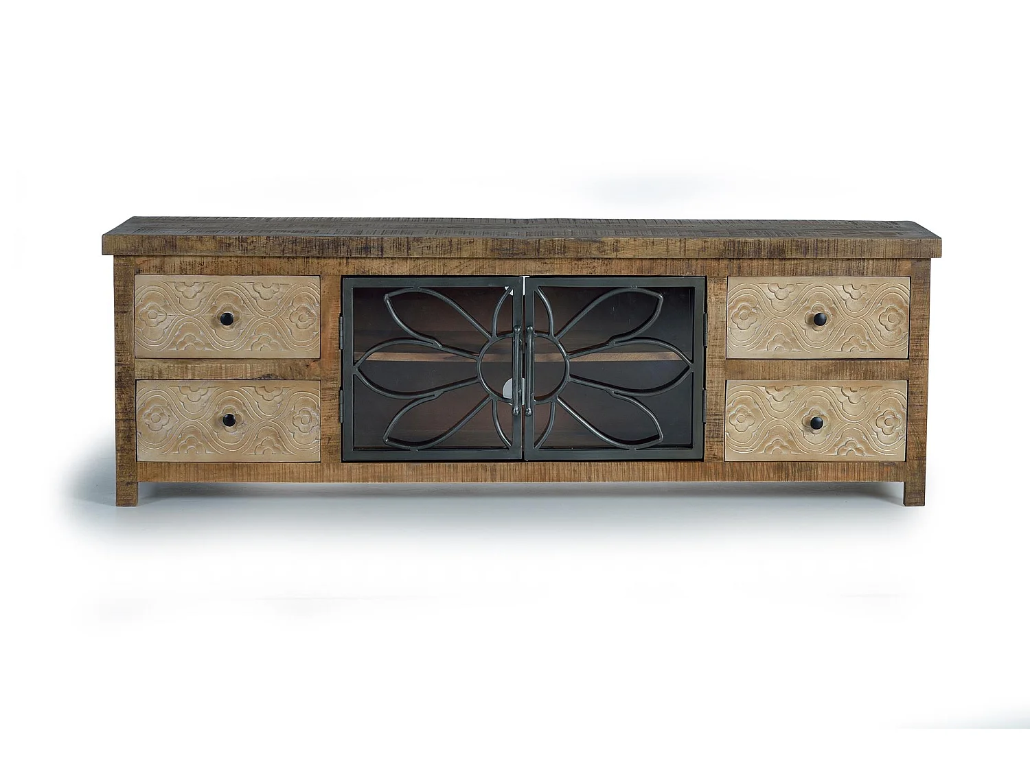 TV-Schrank aus gealtertem braunem Mangoholz und Metall