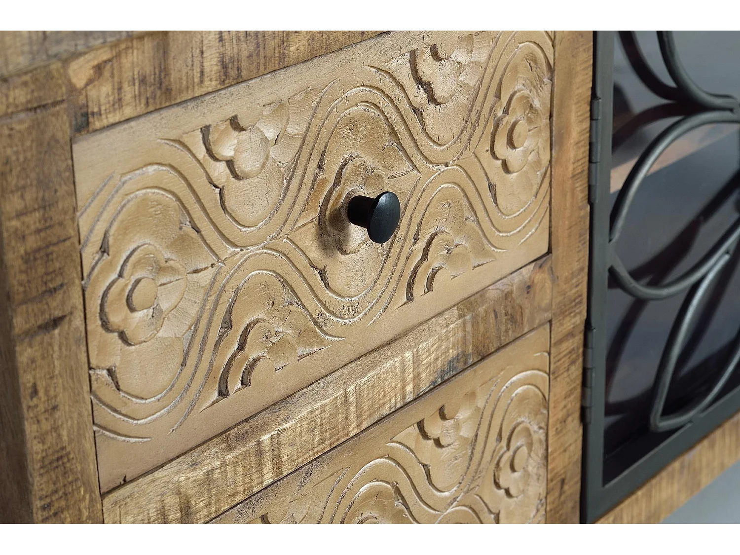 Meuble TV en bois manguier marron vieilli et métal