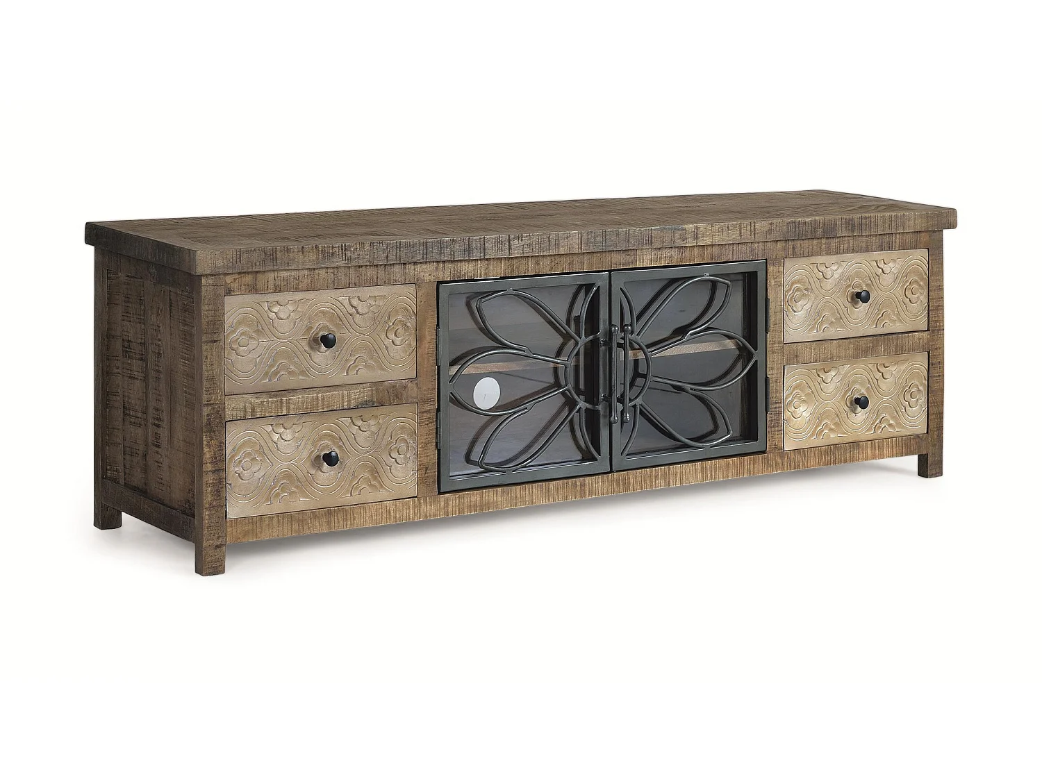 TV-Schrank aus gealtertem braunem Mangoholz und Metall