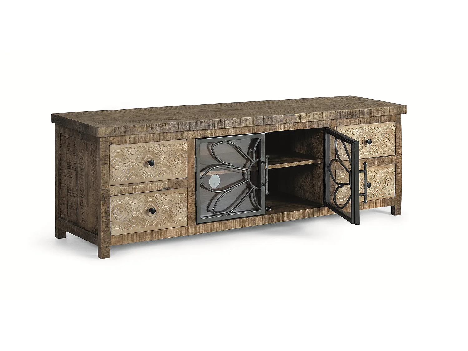 TV-Schrank aus gealtertem braunem Mangoholz und Metall