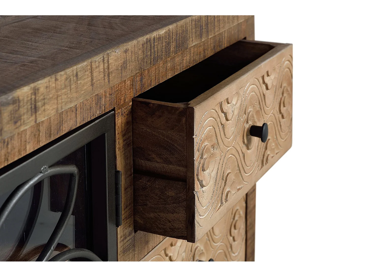 TV-Schrank aus gealtertem braunem Mangoholz und Metall