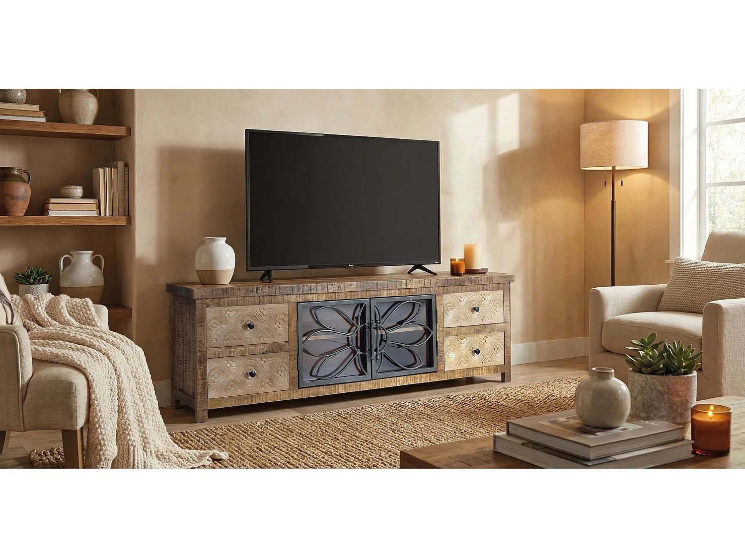 TV-Schrank aus gealtertem braunem Mangoholz und Metall