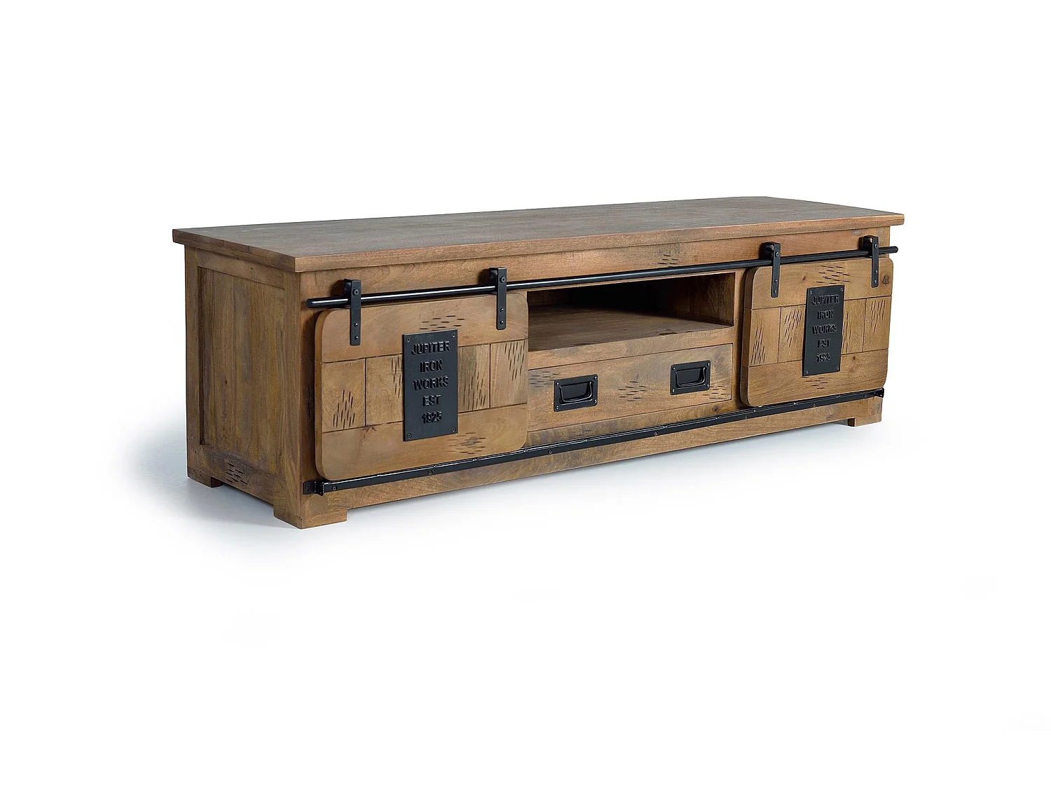 Meuble TV en bois de manguier 180 cm, style industriel - 55 x 180 x 50