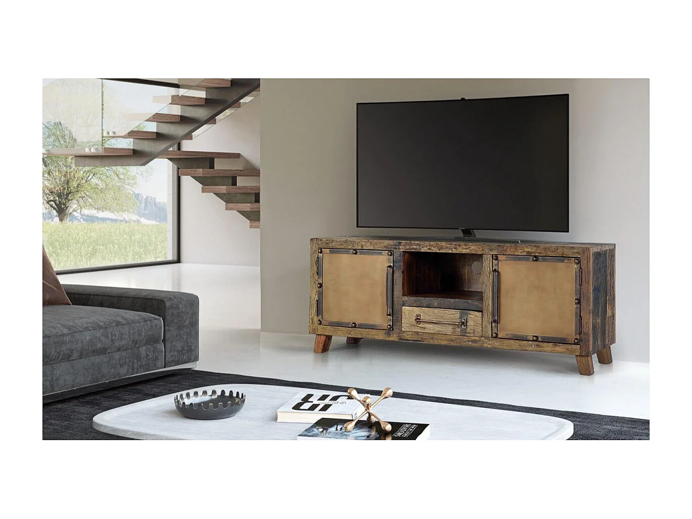 Meuble TV en bois récupéré et métal