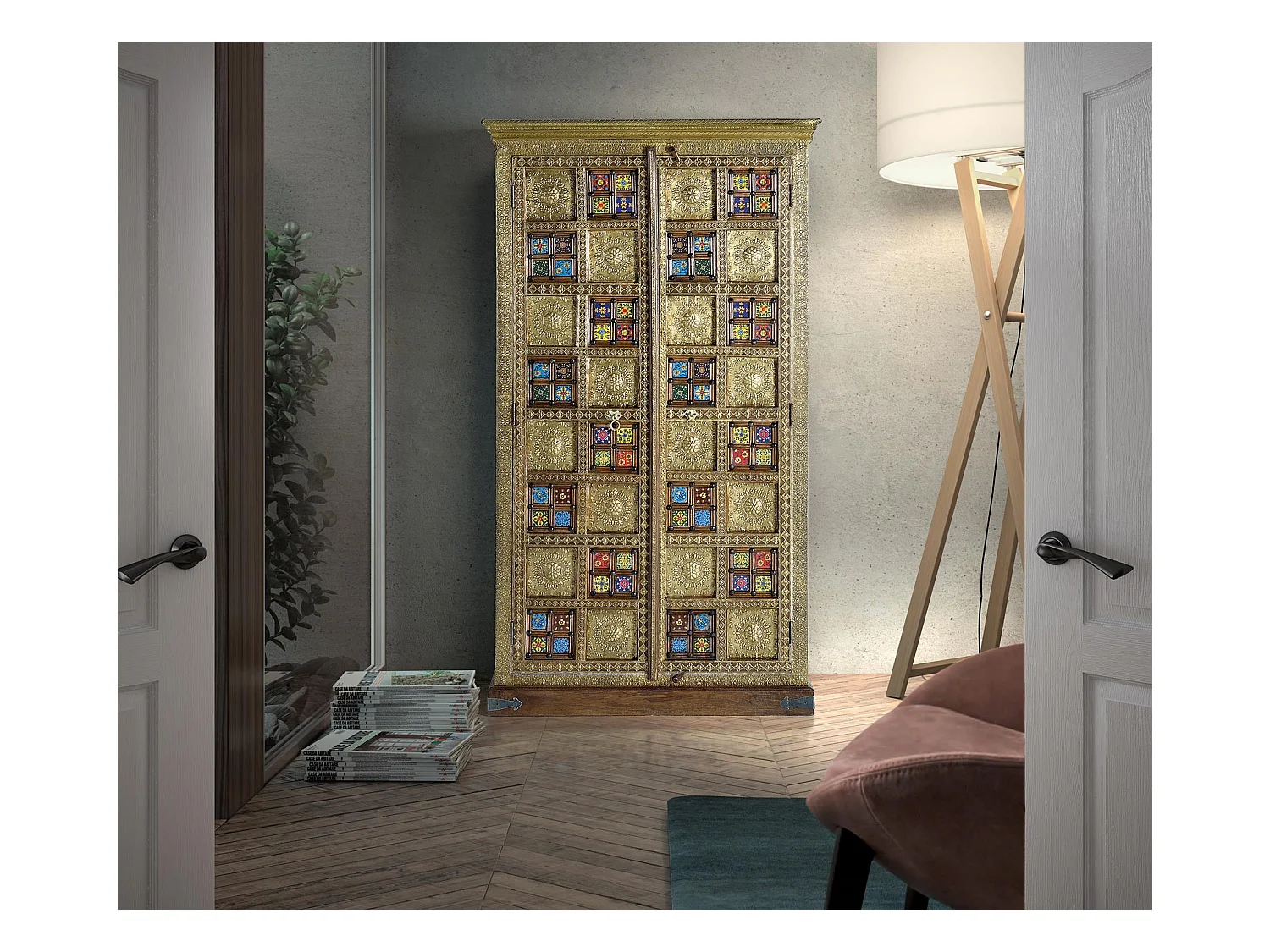 Dwudrzwiowa szafa ze złotymi detalami i płytkami