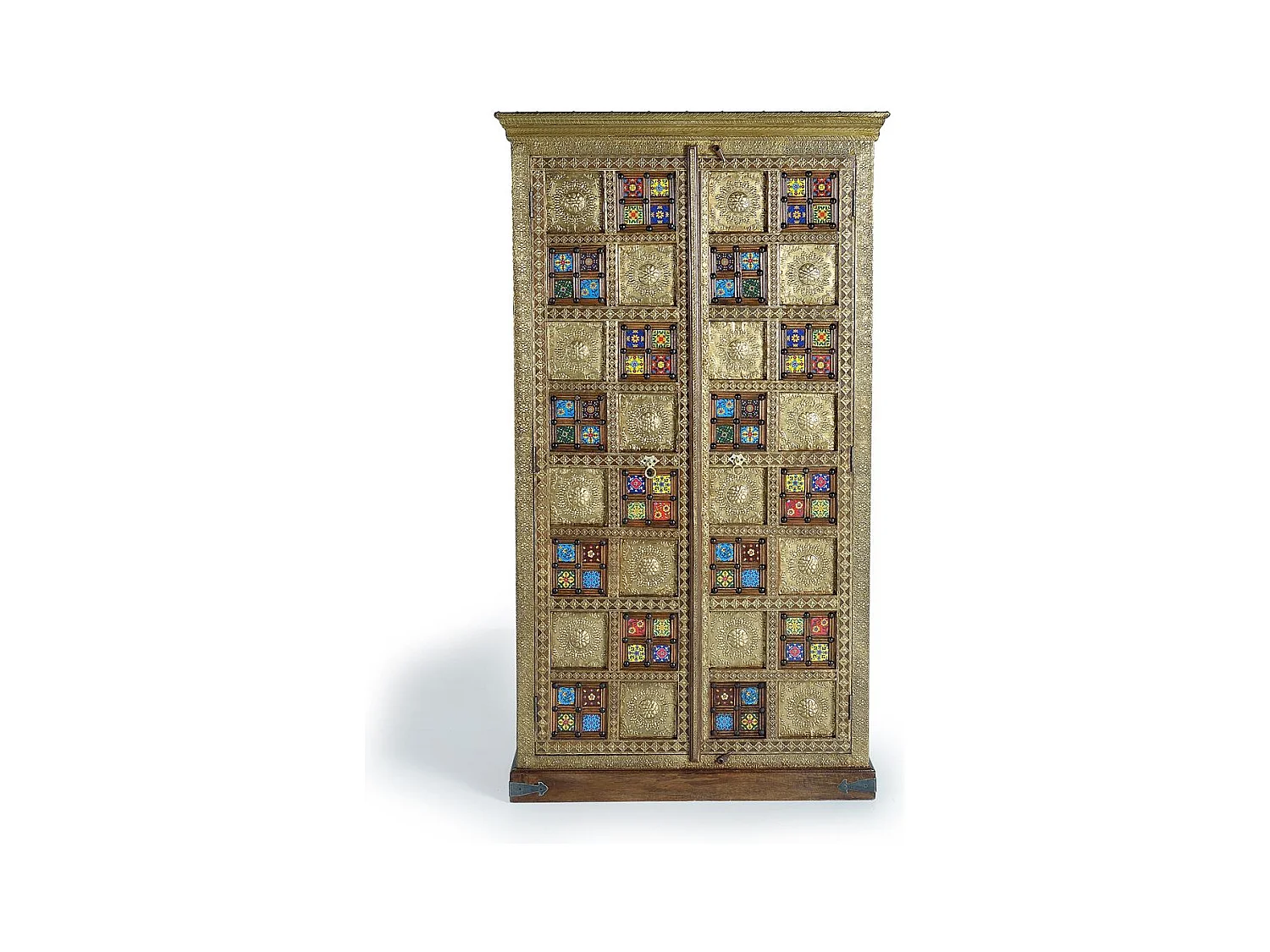 Dwudrzwiowa szafa ze złotymi detalami i płytkami