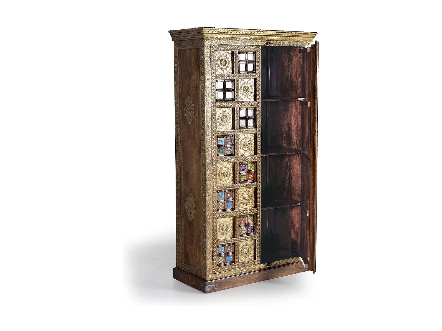 Armoire en bois de manguier, laiton e maiolique