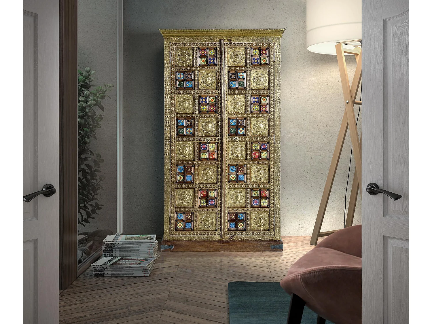 Armoire en bois de manguier, laiton e maiolique