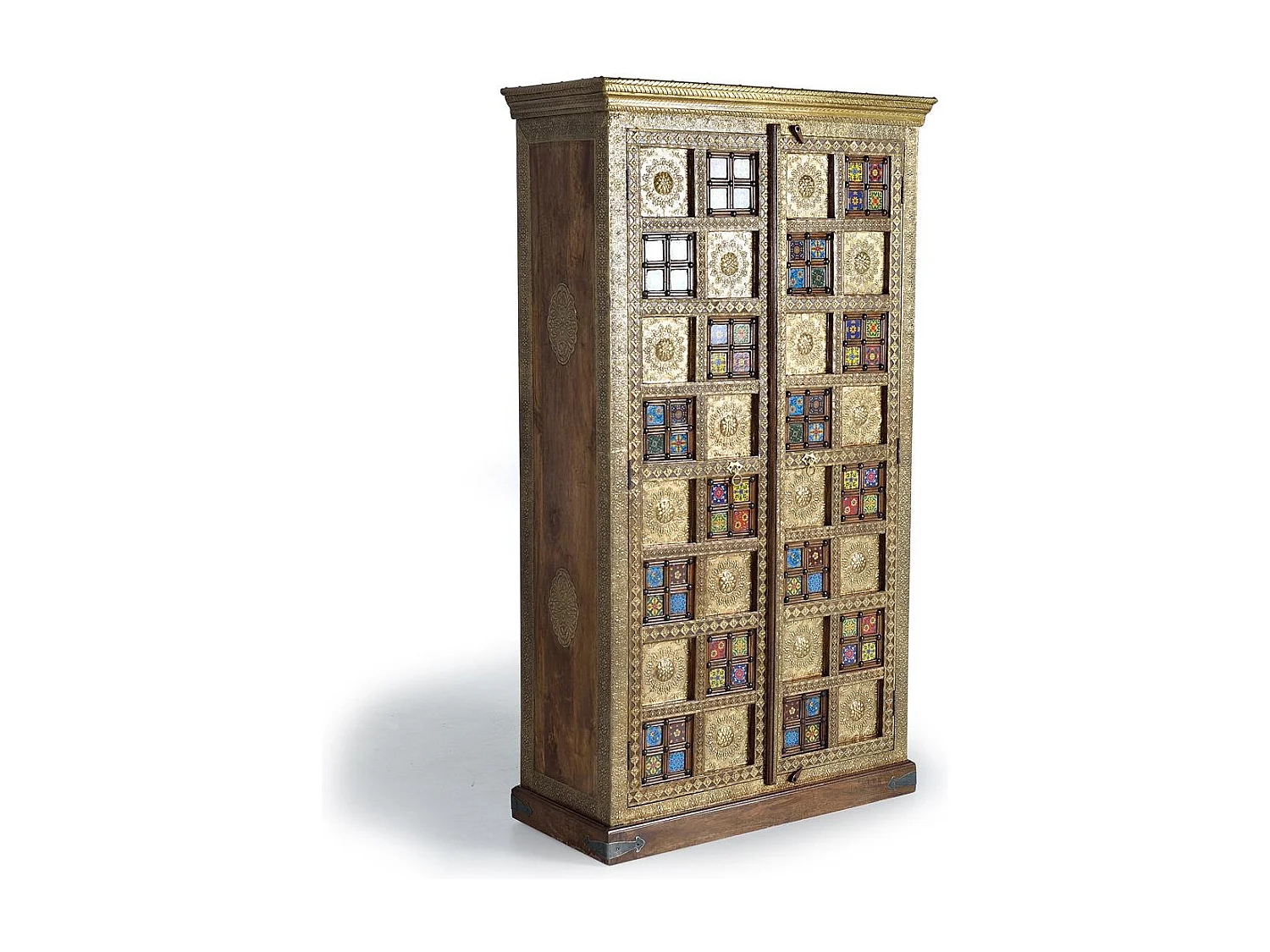 Armoire en bois de manguier, laiton e maiolique