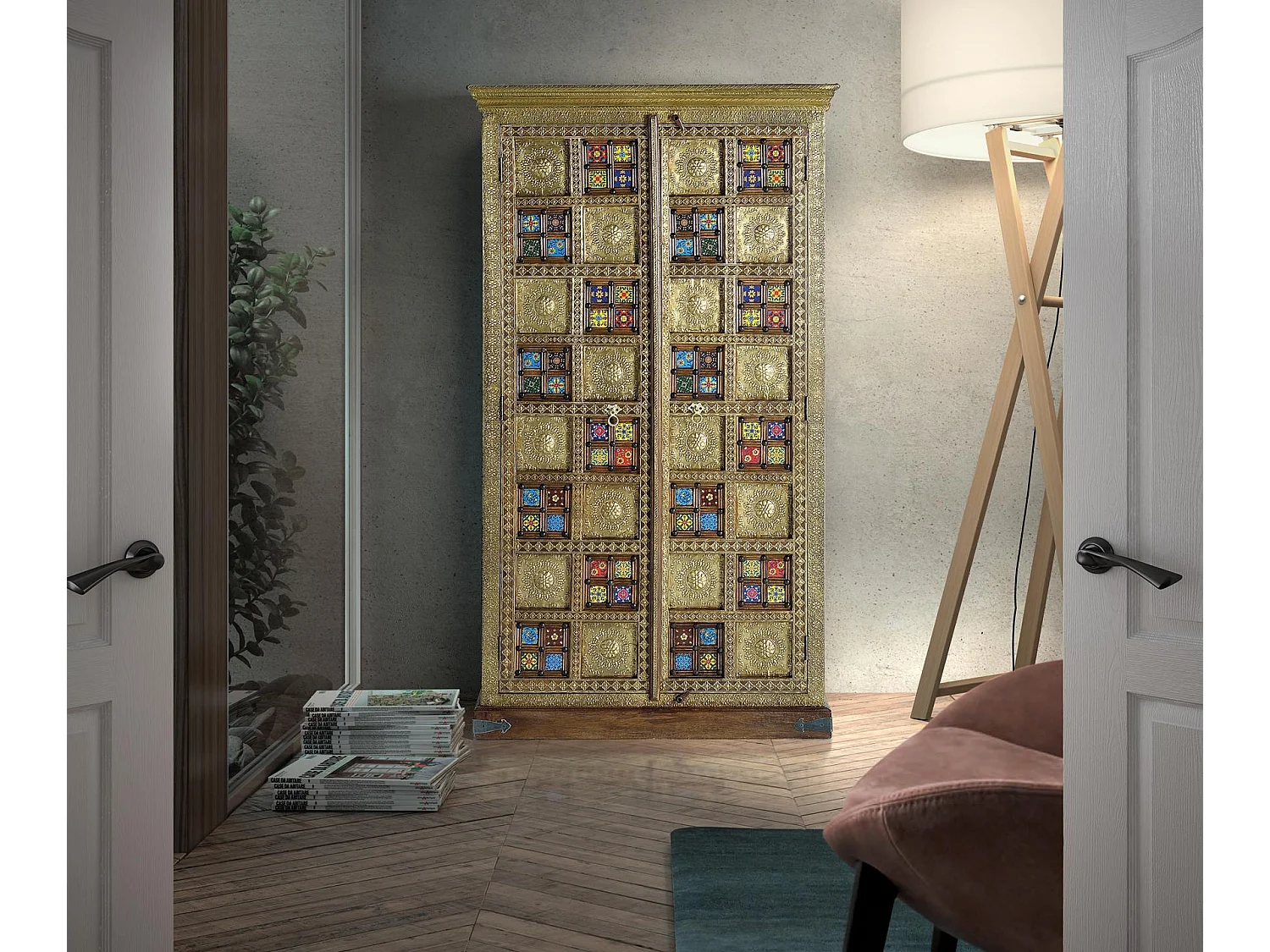 Armadio in massello di acacia intarsiato con maiolica e bronzo
