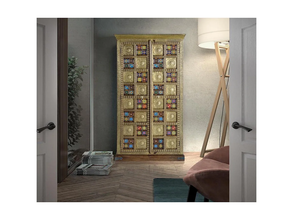 Armadio in massello di acacia intarsiato con maiolica e bronzo