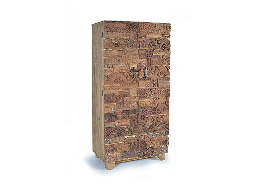 Armoire en bois de manguier, bois recyclé, style ethnique bohème sculpté, 90 cm - 180 x 90 x 50 cm