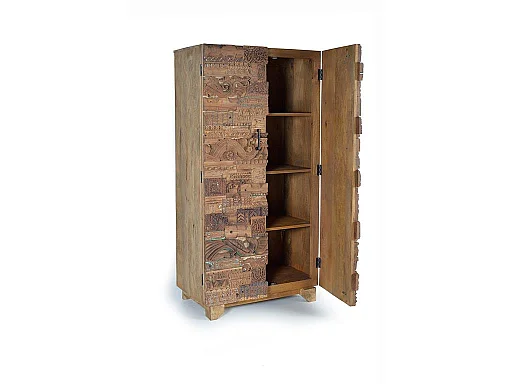 Armoire en bois de manguier, bois recyclé, style ethnique bohème sculpté, 90 cm - 180 x 90 x 50 cm