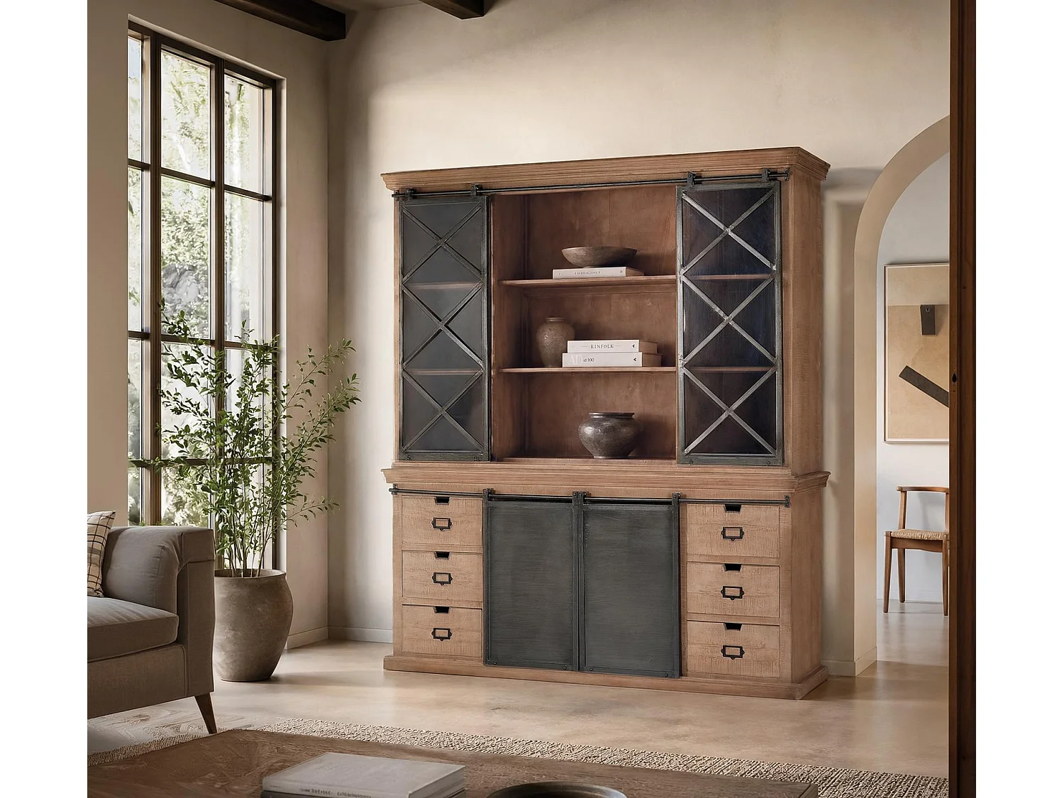 Buffet en bois de manguier 200 cm, style industriel moderne - 220 x 200 x 53