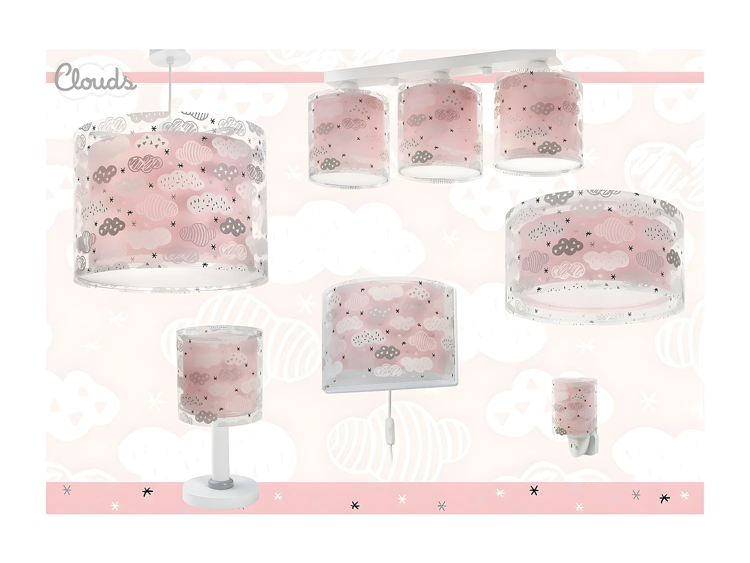 Lustre et lampe suspension enfant Clouds Nuages rose