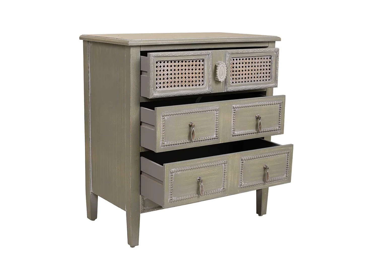 Comodino in legno con 3 cassetti, dimensioni 65x36x70 cm.