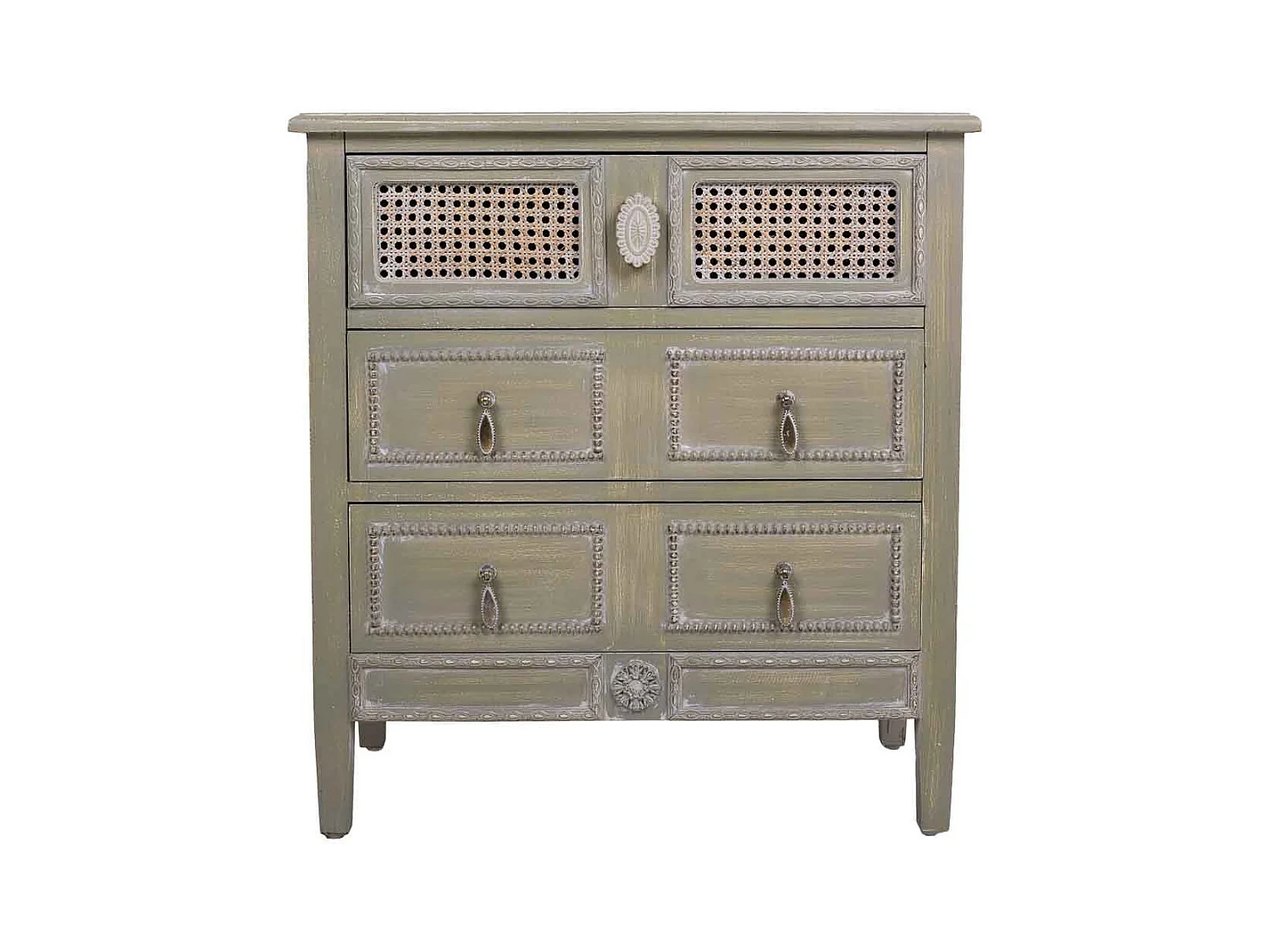 Comodino in legno con 3 cassetti, dimensioni 65x36x70 cm.