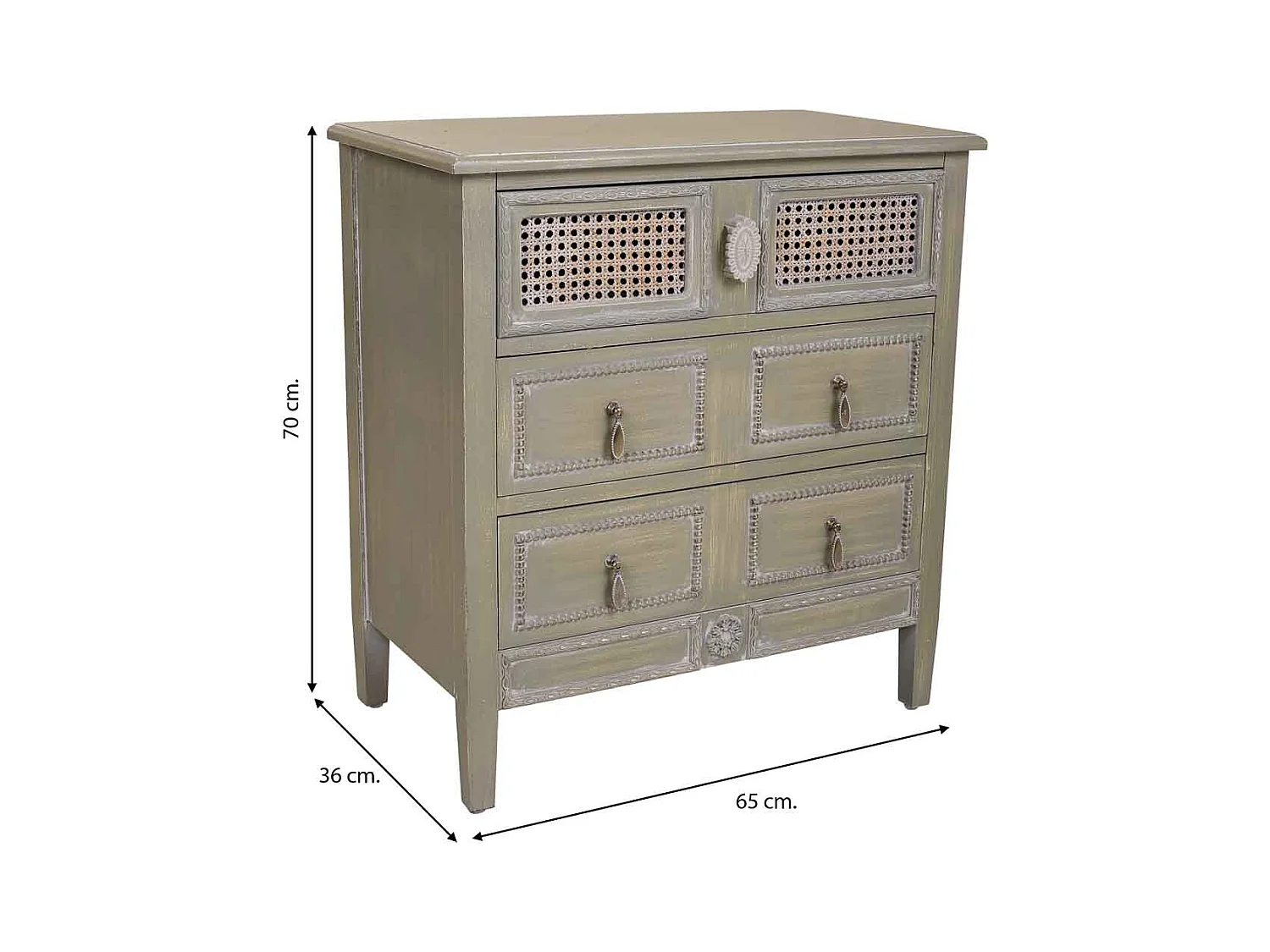 Comodino in legno con 3 cassetti, dimensioni 65x36x70 cm.