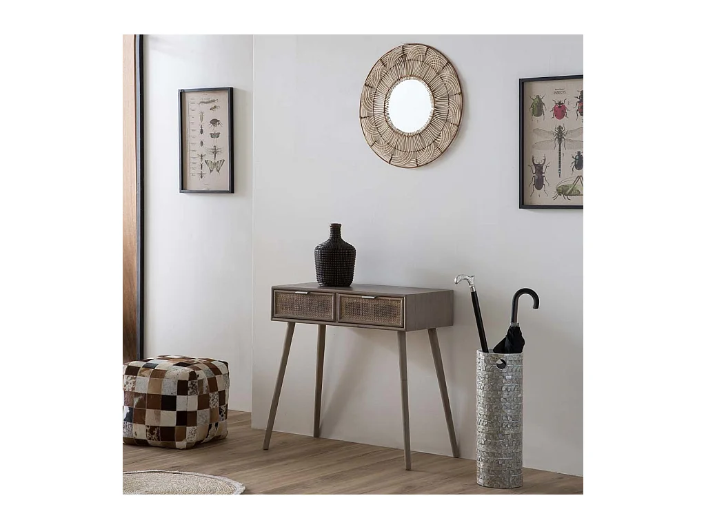 Móvel de corredor em madeira e grade de bambu com 2 gavetas cinza 80x42x79