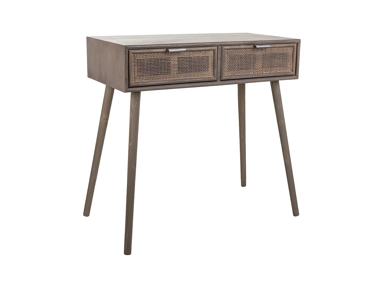 Móvel de corredor em madeira e grade de bambu com 2 gavetas cinza 80x42x79