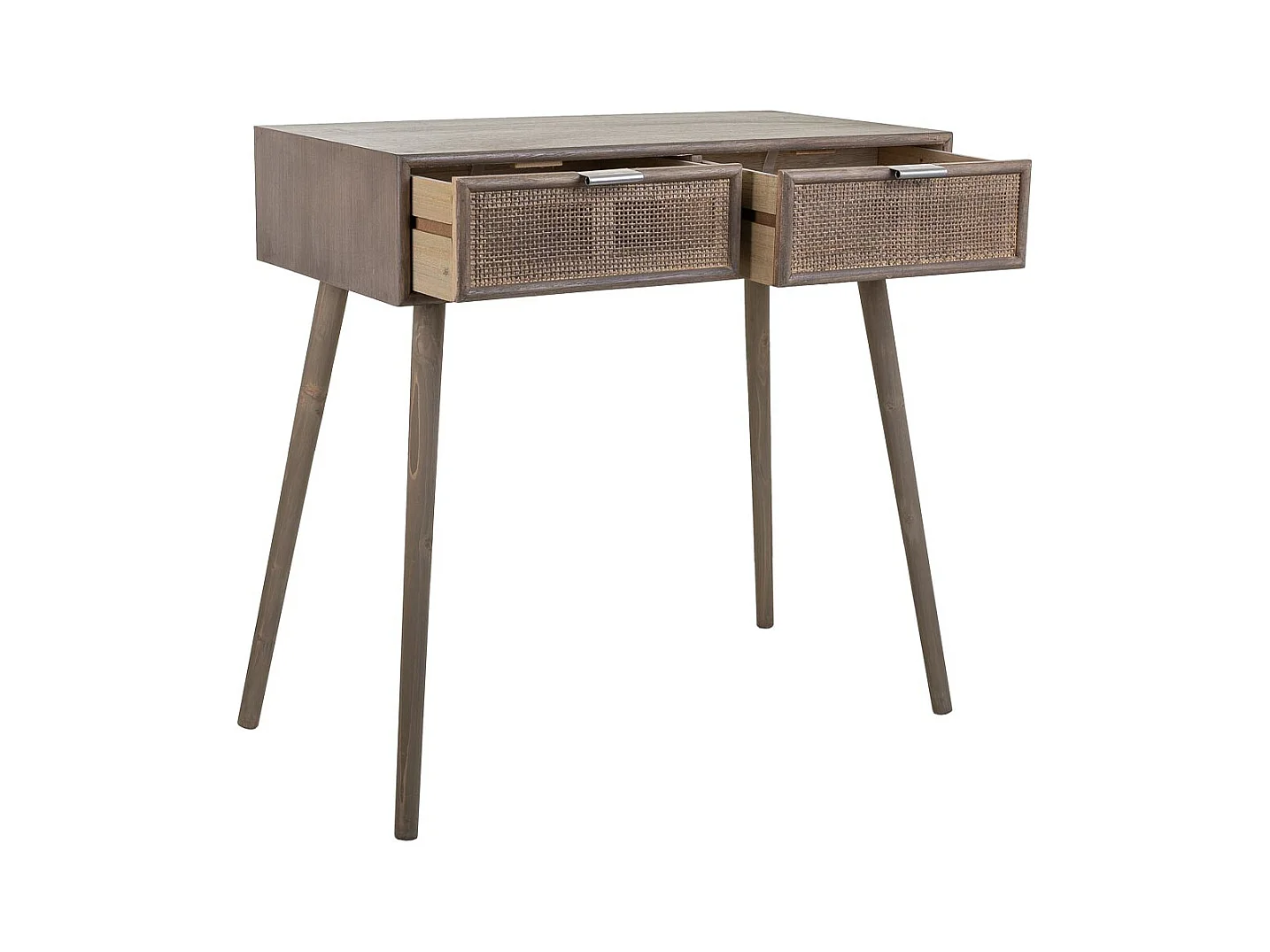 Móvel de corredor em madeira e grade de bambu com 2 gavetas cinza 80x42x79