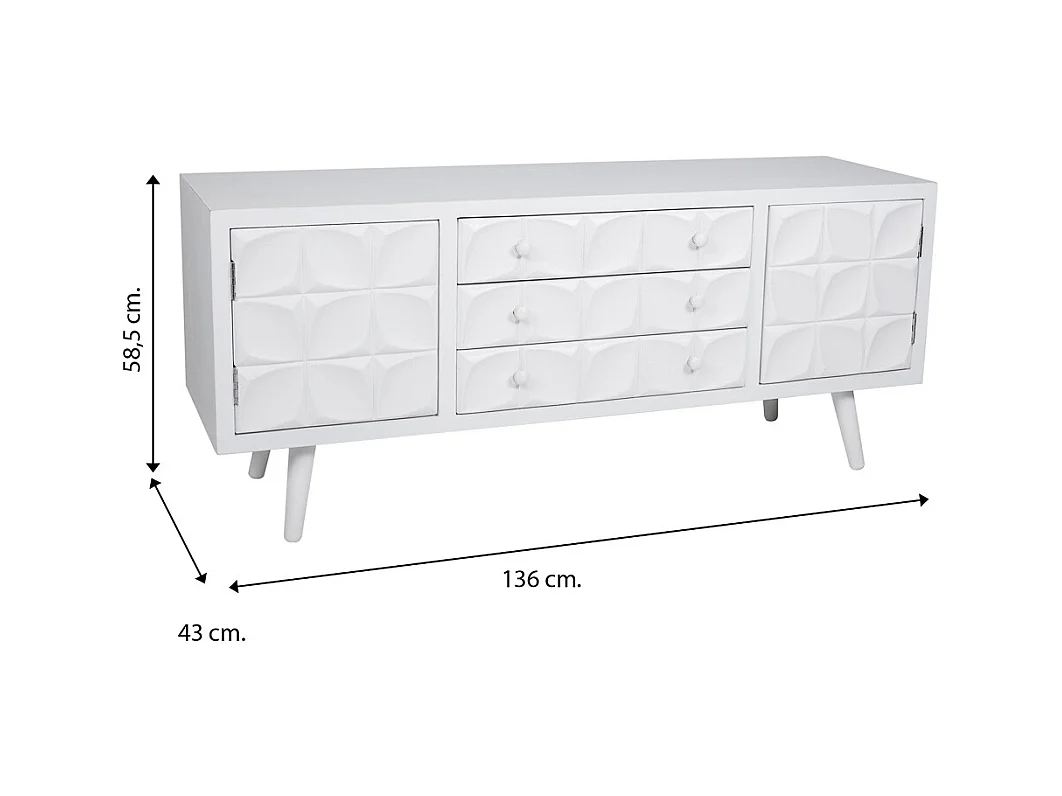 Armário baixo de madeira lacado branco 136x43x58,5